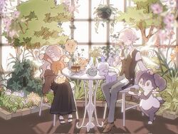 1boy 1girl alcremie arknights brown_shoes brown_vest buneary cake cake_slice cecelia_(arknights) chair collared_shirt crossover cup enforcer_(arknights) fiori_(fiofiori_) food gen_4_pokemon gen_5_pokemon gen_6_pokemon gen_8_pokemon green_necktie grey_hair grey_pants headpat highres holding holding_cup holding_plate indeedee indoors litwick necktie nintendo on_lap pants plate pokemon pokemon_(creature) pokemon_on_lap shirt shoes short_hair sinistea sitting skirt spoon swirlix table vest white_shirt
