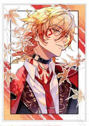 1boy alternate_costume black_collar black_jacket blonde_hair border braid collar collared_shirt commentary english_commentary facial_tattoo gradient_hair hair_between_eyes highres honkai:_star_rail honkai_(series) jacket lapels looking_at_viewer luocao0905 male_focus medium_hair multicolored_hair mydei_(honkai:_star_rail) necktie open_clothes open_jacket red_hair red_necktie red_tattoo shirt side_braid solo tattoo watermark white_border white_shirt yellow_eyes