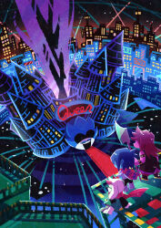 Rule 34 | 1boy, 1girl, 1other, absurdres, animal ears, black jacket, blue hair, blue skin, building, cape, castle, city, city lights, cityscape, colored skin, commentary request, deltarune, dress, facing away, from above, glasses, goat boy, goat ears, goat horns, green dress, highres, horns, jacket, kris (dark world) (deltarune), kris (deltarune), medium hair, night, outdoors, pink cape, pink scarf, pink skin, purple hair, railing, ralsei, red carpet, round eyewear, scarf, scenery, short hair, sitting, sleeveless, sleeveless jacket, standing, susie (dark world) (deltarune), susie (deltarune), watawata22, wide shot