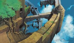 architecture artist_name blue_sky cloud dated fantasy floating_island from_above highres no_humans official_art painting_(medium) plant_roots ruins scan signature sky stairs studio_ghibli tenkuu_no_shiro_laputa traditional_media tree yamamoto_nizo