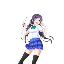 Rule 34 | 1girl, ;d, adjusting eyewear, anime coloring, bespectacled, black socks, black thighhighs, blush, bow, bowtie, breasts, diagonal-striped bow, diagonal-striped bowtie, diagonal-striped clothes, doyagao, dress shirt, dutch angle, feet out of frame, from below, glasses, green bow, green bowtie, green eyes, hair ornament, hair scrunchie, hairpin, hands up, holding, holding pointer, index finger raised, large breasts, long hair, looking at viewer, looking to the side, love live!, love live! school idol festival, love live! school idol project, low twintails, miniskirt, multiple hairpins, official art, one eye closed, open mouth, otonokizaka school uniform, pink scrunchie, plaid clothes, plaid skirt, pleated skirt, pointer, purple hair, school uniform, scrunchie, shirt, short sleeves, skirt, smile, smug, socks, solo, standing, striped clothes, teacher, thighhighs, tojo nozomi, transparent background, twintails, v-shaped eyebrows, white shirt
