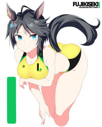 1girl ahoge animal_ears black_hair blue_eyes breasts buruma character_name cleavage cropped_legs ear_ornament feet_out_of_frame fuji_kiseki_(umamusume) horse_ears horse_girl horse_tail leaning_forward medium_breasts numbered shigino_sohuzi short_hair simple_background solo sports_bikini sports_bra tail umamusume white_background yellow_buruma yellow_sports_bra
