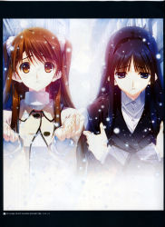 10s 2girls absurdres black_hair blue_eyes brown_eyes brown_hair highres long_hair looking_down looking_up multiple_girls nakamura_takeshi non-web_source ogiso_setsuna snow touma_kazusa white_album_(series) white_album_2 winter winter_clothes
