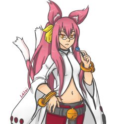 Rule 34 | 1girl, animal ears, artist name, blazblue, blazblue: calamity trigger, candy, cat ears, cat tail, female focus, food, glasses, hand on own hip, highres, kokonoe (blazblue), lolitaii, lollipop, midriff, multiple tails, navel, nekomata, orange eyes, pink hair, signature, slit pupils, solo, tail, two tails, upper body