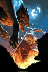 1boy armor beard claws facial_hair full_moon geralt_of_rivia gloves glowing glowing_eyes highres holding holding_sword holding_weapon mattia_de_iulis monster moon night open_mouth outdoors sharp_teeth sword teeth the_witcher_(series) weapon white_hair witcher_medallion