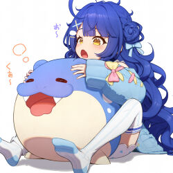 Rule 34 | 1girl, absurdres, ahoge, amamiya kokoro, blue cardigan, blue hair, cardigan, cloud hair ornament, commentary request, gen 3 pokemon, hair ornament, highres, long hair, lunch boxer, nijisanji, nintendo, no shoes, open mouth, pokemon, pokemon sleep, simple background, solo, spheal, thighhighs, very long hair, virtual youtuber, white background, white thighhighs, x hair ornament, yellow eyes