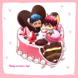 2boys aomine_daiki blue_hair blueberry blush border chibi chocolate closed_mouth dark-skinned_male dark_skin food fork fruit happy_valentine heart kagami_taiga kuroko_no_basuke male_focus minimized multiple_boys pink_border raspberry smile strawberry sweatdrop sweets teeth thick_eyebrows v-shaped_eyebrows zawar379
