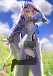 Rule 34 | 1girl, black boots, black gloves, black shorts, blue eyes, blue sky, boots, breasts, chinese commentary, cleavage, cloud, commentary request, corset, elf, elysia (honkai impact), elysia (miss pink elf) (honkai impact), field, flower, flower field, gloves, hair ornament, highres, honkai (series), honkai impact 3rd, long hair, medium breasts, mo gangzi, outdoors, pink hair, pointy ears, short shorts, shorts, shrug (clothing), single glove, sky, smile, solo, thigh boots, thighs, very long hair, white corset