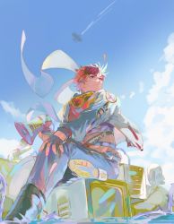 1boy abs aircraft airplane alternate_costume battle_tendency birthday blue_eyes blue_sky boots box closed_mouth cloud commentary_request contrail crop_top crossed_legs fingerless_gloves floating_scarf from_below gloves goggles goggles_around_neck hand_on_own_knee hermit_purple holding holding_megaphone jacket jojo_no_kimyou_na_bouken joseph_joestar joseph_joestar_(young) korean_commentary light_smile long_sleeves looking_away male_focus megaphone on_box outdoors pants pink_hair scarf senzzang shoe_soles sitting sitting_on_box sky solo stand_(jojo) thorns white_jacket wind