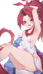 1girl absurdres arm_up armpits ass bare_legs bare_shoulders bei_qi blue_archive blush bow breasts commentary_request dragon_girl dragon_horns dragon_tail feet_out_of_frame hair_bow halo highres horns legs long_hair looking_at_viewer open_mouth panties parted_bangs pleated_skirt ponytail red_eyes red_hair red_sash renge_(blue_archive) sash sideboob simple_background sitting skirt small_breasts solo tail underwear v-shaped_eyebrows white_background white_bow white_panties white_skirt