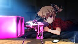1girl aiming anti-materiel_rifle barrett_m82 bipod black_bow black_necktie black_skirt bow brown_hair cellphone computer cute_weapon foreshortening fumio_(ura_fmo) game_cg grisaia_(series) grisaia_no_rakuen gun hair_bow holding holding_gun holding_weapon indoors irisu_makina laptop large_variant_set lying necktie non-web_source official_art on_stomach parted_lips phone plaid_clothes plaid_shirt pleated_skirt red_eyes red_shirt rifle scope shirt short_hair short_sleeves short_twintails skirt smartphone sniper_rifle solo twintails usb_cable variant_set weapon wooden_floor