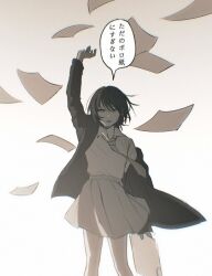 1girl black_hair flying_paper grey_necktie grey_skirt guiltyskullu highres naoi_(zenbu_kowashite_jigoku_de_aishite) necktie open_mouth paper pleated_skirt school_uniform shirt short_hair skirt solo translation_request white_shirt zenbu_kowashite_jigoku_de_aishite
