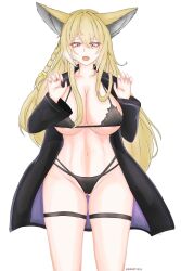 1girl animal_ears areola_slip arknights bikini black_bikini black_coat blonde_hair breasts chinese_commentary cleavage coat commentary_request cowboy_shot eyes_visible_through_hair fingernails hair_between_eyes hands_up highres large_breasts long_hair long_sleeves looking_at_viewer navel open_clothes open_coat open_mouth orange_eyes simple_background solo standing swimsuit thigh_strap vulpisfoglia_(arknights) white_background yinzhixiaochaoyangla