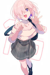 Rule 34 | 1girl, backpack, bag, bare shoulders, blush, breasts, cleavage, collarbone, echo (circa), fate/grand order, fate (series), grey skirt, hair over one eye, large breasts, long sleeves, looking at viewer, mash kyrielight, mash kyrielight (over the same sky), off shoulder, open mouth, pink hair, purple eyes, short hair, skirt, smile, solo, sweater, watch, white sweater, wristwatch