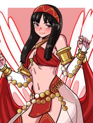 arabian_clothes blush breasts bridal_gauntlets cleavage cosplay dancer fire_emblem fire_emblem_heroes headband highres hraesvelgr_(fire_emblem) midriff mnejing30 navel nintendo olivia_(fire_emblem) olivia_(fire_emblem)_(cosplay) pelvic_curtain red_headband