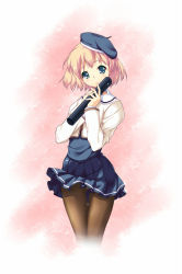 1girl bad_id bad_pixiv_id beret blonde_hair blue_eyes female_focus gradient_background graduation hat highres niko niko_(azurite) original panties panties_under_pantyhose pantyhose school_uniform short_hair skirt solo underwear