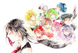 4boys 6+girls akame_(akame_ga_kill!) akame_ga_kill! black_hair black_tube_top blonde_hair blue_eyes blue_hair brown_hair bulat chelsea_(akame_ga_kill!) closed_eyes detached_sleeves eyepatch floating_hair from_side glasses green_eyes green_hair grey_eyes hair_ribbon headphones horns leone_(akame_ga_kill!) lollipop_in_mouth long_hair looking_at_viewer lubbock mine_(akame_ga_kill!) multicolored_hair multiple_boys multiple_girls najenda_(akame_ga_kill!) orange_eyes orange_hair pink_eyes pink_hair pompadour purple_hair red_hair ribbon scarf sheele short_hair smile sparkle ssssssm9k strapless susanoo_(akame_ga_kill!) tatsumi_(akame_ga_kill!) traditional_media tube_top twintails two-tone_hair white_background white_hair yellow_eyes
