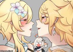 1boy 2girls aether_(genshin_impact) after_kiss blonde_hair blush brother_and_sister drooling earrings flower french_kiss genshin_impact highres imminent_kiss incest jewelry kiss kiss_focus kurodahlia18 lumine_(genshin_impact) multiple_girls paimon_(genshin_impact) saliva saliva_trail short_hair_with_long_locks siblings surprised tongue tongue_out twincest twins
