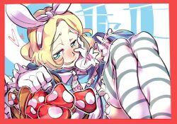1girl basket blonde_hair blue_capelet blush border bright_pupils capelet classicaloid frilled_capelet frills gloves hairband hand_on_own_face heart holding holding_basket kuga_hotaru looking_at_viewer mushroom one_eye_closed open_mouth pyotr_illyich_tchaikovsky_(classicaloid) red_border sitting solo striped_clothes striped_thighhighs thighhighs white_gloves white_hairband white_pupils
