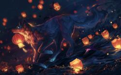 animal_ears animal_focus artist_name bird blue_eyes chinese_new_year clockbirds commentary english_commentary fireflies glowing glowing_eyes grey_fur holding holding_lantern lantern making-of_available mouth_hold night no_humans ocean original redrawn ripples running_on_liquid solo splashing swallow_(bird) tail watermark wolf wolf_ears wolf_tail