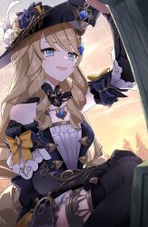 1girl arm_up bare_shoulders black_bow black_dress black_flower black_gloves black_hat black_rose black_thighhighs blonde_hair blue_eyes blue_gemstone blurry bow cha_hanare crying crying_with_eyes_open depth_of_field detached_sleeves dress drill_hair drill_sidelocks elbow_gloves feathers flower gem genshin_impact gloves gold_trim grave hand_on_own_knee hat hat_feather hat_flower highres jewelry long_hair long_sleeves looking_at_object navia_(genshin_impact) necklace open_mouth outdoors rain rose ship&#039;s_wheel_ornament sidelocks single_glove sky sleeve_bow smile solo sparkling_eyes tearing_up tears thighhighs tombstone tree white_feathers white_flower white_rose yellow_bow yellow_sky