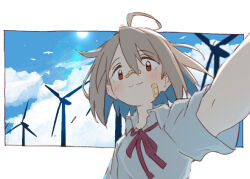 1girl :3 bandaid bandaid_on_face bandaid_on_nose bird blue_hair blue_sky closed_mouth cloud commentary day do_it_yourself!! grey_hair hair_between_eyes kounosu_satori looking_at_viewer multicolored_hair neck_ribbon outdoors red_eyes red_ribbon ribbon selfie shirt sky solo sun upper_body white_shirt wind_turbine windmill yua_serufu