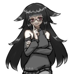bad_link bags_under_eyes black-framed_eyewear black_choker black_hair breasts choker detached_sleeves furrowed_brow gradient_hair grey_pants grey_shorts grey_sweater highres long_hair long_sleeves looking_to_the_side m8n8xide makeup mascara medium_breasts multicolored_hair original pants pointing pointing_at_self red_eyes semi-rimless_eyewear shorts sidelocks sleeveless smile smug sweater white_background white_hair