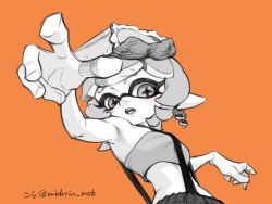 1girl animated blinking blush domino_mask ear_piercing food fruit greyscale kora_(midorin_mob) lemon lemon_slice long_hair marie_(splatoon) marie_(summer_nights)_(splatoon) mask mole mole_under_eye monochrome nintendo official_alternate_costume orange_background outstretched_arms oyster parted_lips piercing pink_lips pointy_ears smile solo splatoon_(series) splatoon_1 splatoon_3 spot_color suspenders tentacle_hair upper_body video