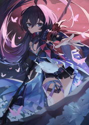 1girl :| absurdres ahoge animal armband black_shorts breasts bug butterfly closed_mouth expressionless gloves hair_between_eyes highres holding holding_scythe honkai:_star_rail honkai_(series) insect jaihu long_hair looking_at_viewer making-of_available navel open_hand red_armband scarf scythe seele_(honkai:_star_rail) shorts single_glove small_breasts upper_body weapon
