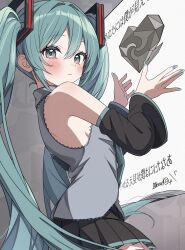 Rule 34 | 1girl, absurdres, aqua eyes, aqua nails, aqua necktie, aqua trim, arched back, black skirt, black sleeves, blush, breasts, commentary request, detached sleeves, double-parted hair, grey shirt, hair between eyes, hasei (hasei01), hatsune miku, heart, highres, long eyelashes, long hair, looking at viewer, necktie, pleated skirt, shirt, sideboob, skirt, solo, translation request, twintails, vocaloid