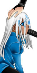 1girl blue_eyes bridal_gauntlets dark_skin drooling eating ehoumaki eyes_visible_through_hair fellatio food futt guilty_gear hand_on_another&#039;s_head long_hair makizushi oral phallic_symbol saliva setsubun sexually_suggestive simulated_fellatio solo_focus sushi venom_(guilty_gear) white_hair zato-1