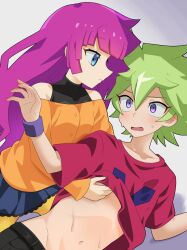 1boy 1girl blue_eyes blue_skirt brother_and_sister clothes_lift green_hair grey_background kirishima_roa kirishima_romin kura_(xxcracy) long_hair medium_hair off_shoulder orange_shirt purple_eyes purple_hair red_shirt shirt shirt_lift siblings simple_background skirt yu-gi-oh! yu-gi-oh!_sevens