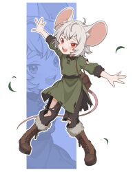 Rule 34 | 1boy, absurdres, animal ear fluff, animal ears, backpack, bag, belt, black belt, blush, boots, brown pants, commentary, commission, cowlick, english commentary, fur-trimmed boots, fur trim, green shirt, highres, looking at viewer, mouse boy, mouse ears, mouse tail, open mouth, original, outstretched arms, pants, red eyes, senketsu05, shirt, short hair, sidelocks, solo, spread arms, tail, teeth, torn clothes, tunic, upper teeth only, white background
