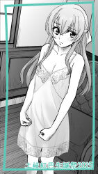 1girl aqua_border armchair assault_lily bare_arms bare_shoulders blush border bow breasts chair cleavage clenched_hands clip_studio_paint_(medium) closed_mouth collarbone commentary_request covered_erect_nipples crossed_bangs dress feet_out_of_frame floral_print greyscale hair_between_eyes hair_bow half_updo highres indoors inset_border long_hair looking_at_viewer medium_breasts monochrome nightgown nipples paid_reward_available print_dress see-through_clothes see-through_dress sentape sidelocks sleeveless sleeveless_dress solo spaghetti_strap spot_color standing toki_kureha