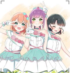 Rule 34 | 3girls, 4th live dream ~bloom the dream believers~, :d, ^ ^, aqua choker, aqua eyes, arm up, black hair, blue bow, blunt bangs, blush, bow, braid, cerise bouquet, choker, closed eyes, closed mouth, commentary, cowboy shot, dress, flower, flower-trimmed dress, flower choker, frilled dress, frills, green eyes, hair bow, half up braid, highres, hinoshita kaho, katanashi (ktnsh popu), link! like! love live!, long hair, looking at viewer, love live!, medium hair, momose ginko, multiple girls, open mouth, orange hair, otomune kozue, pink flower, pink rose, ponytail, purple hair, rose, short hair, sidelocks, simple background, smile, split mouth, straight-on, v, v over eye, viewfinder, virtual youtuber, white dress, yellow background