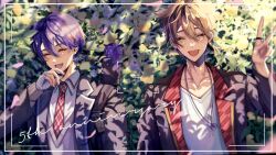 Rule 34 | 2boys, :d, ^ ^, anniversary, bandaged hand, bandages, black jacket, blazer, brown hair, bush, closed eyes, collarbone, collared shirt, commentary request, dappled sunlight, day, earrings, eyeshadow, fang, flower, fushimi gaku, fushimi gaku (1st costume), geso (geso nj), grey sweater vest, hair between eyes, hand up, highres, jacket, jewelry, kenmochi touya, kenmochi touya (1st costume), lapels, long sleeves, low ponytail, magatama, magatama necklace, makeup, male focus, mole, mole under eye, multiple boys, necklace, necktie, nijisanji, omamori, open clothes, open jacket, open mouth, outdoors, ponytail, purple hair, red eyeshadow, red necktie, ring, school uniform, shirt, short hair, single earring, smile, sunlight, sweater vest, upper body, v, viewfinder, virtual youtuber, weapon bag, white flower, white shirt, wing collar, yagasuri