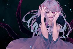 1girl blood blood_on_face breasts cleavage crazy_smile highres kagune_(tokyo_ghoul) kamishiro_rize long_skirt looking_at_viewer oidaki_0716 puffy_short_sleeves puffy_sleeves purple_hair red_eyes short_sleeves skirt smile solo tentacles tokyo_ghoul tongue tongue_out