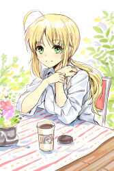 1girl ahoge artoria_pendragon_(fate) blonde_hair closed_mouth day ells fate/stay_night fate_(series) green_eyes long_hair long_sleeves low_ponytail outdoors ponytail saber_(fate) shirt sitting sketch smile solo upper_body white_background white_shirt
