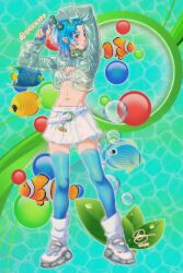 1girl aqua_eyes bead_bracelet beads belt belt_charm blue_hair blue_nails blue_thighhighs bra bracelet breasts bubble charm_(object) choker cleavage clownfish commentary cropped_jacket cyber_fashion dated english_commentary fish frutiger_aero full_body highres jacket jewelry leaf long_sleeves navel original pleated_skirt pointy_ears see-through_clothes see-through_jacket shock777 shoes short_hair signature skirt sneakers socks standing thighhighs tropical_fish underwear water white_bra white_footwear white_skirt white_socks zettai_ryouiki
