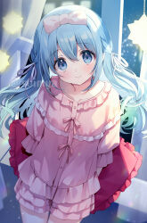 1girl arms_behind_back artist_name blue_eyes blue_hair bow character_request collarbone female_focus frills hair_bow hair_ribbon holding holding_pillow indoors long_hair looking_at_viewer pajamas pillow pink_bow pink_pajamas ribbon smile standing suimya tagme watermark window