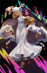 1girl absurdres bare_shoulders cloak closed_mouth cosplay dress feet full_body green_hairband hairband highres looking_at_viewer multicolored_hairband multicolored_nails nail_polish nezo paint paint_tube pointing pointing_up purple_eyes purple_hair rainbow ribbon sandals smile solo tenkyuu_chimata the_weather_painter_rainbow the_weather_painter_rainbow_(cosplay) toenail_polish toenails toes touhou white_dress yu-gi-oh!