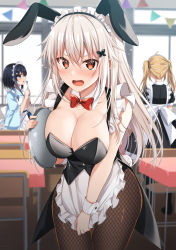 Rule 34 | 3girls, @ @, alternate costume, animal ears, apron, apron tug, black dress, black hair, black legwear, blue eyes, blue kimono, bow, bowtie, breasts, brown hair, brown legwear, butterfly hair ornament, chair, cleavage, collar, commentary request, detached collar, dress, enmaided, etna (kuzuyu), fake animal ears, fishnet legwear, fishnets, frilled apron, frills, grey hair, hair between eyes, hair ornament, highres, holding, holding tray, huge breasts, indoors, japanese clothes, kimono, komori kuzuyu, leotard, long hair, looking at viewer, maid, maid apron, maid headdress, medium breasts, multiple girls, nao (kuzuyu), open mouth, original, pantyhose, pennant, playboy bunny, puffy short sleeves, puffy sleeves, rabbit, rabbit ears, red bow, red bowtie, red eyes, rivier (kuzuyu), short sleeves, solo focus, strapless, strapless leotard, string of flags, table, tailcoat, tray, twintails, very long hair, waist apron, white apron, white collar, window, wing collar