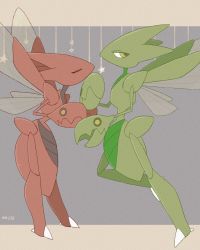 1boy 1girl alternate_color arthropod_boy arthropod_girl black_skin closed_eyes colored_skin facing_another from_side full_body furry furry_female furry_male gen_2_pokemon green_skin grey_background half-closed_eyes hands_up highres insect_wings leaning_forward leg_up lemonade_kokoi letterboxed looking_back multicolored_skin nintendo no_mouth outside_border pokedex_number pokemon pokemon_(creature) profile red_skin scizor shiny_and_normal shiny_pokemon standing standing_on_one_leg star_(symbol) transparent two-tone_skin u_u wings yellow_eyes