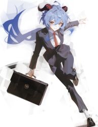1girl absurdres alternate_costume black_suit blue_hair briefcase brown_eyes closed_mouth dress_shirt formal_clothes full_body ganyu_(genshin_impact) genshin_impact goat_horns highres holding holding_briefcase horns long_hair necktie nyte_tyde red_necktie running shirt simple_background smile solo suit white_background white_shirt