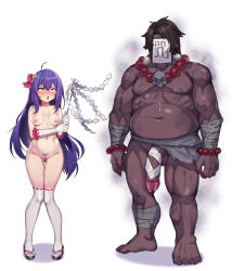 1boy 1girl :o absurdres ahegao ahoge barefoot bead_bracelet bead_necklace beads blush bracelet brown_hair censored covered_face fat fat_man female_pubic_hair full_body highres idolmaster idolmaster_million_live! japanese_clothes jewelry long_hair miko mochizuki_anna mosaic_censoring muscular muscular_male navel necklace nipples nude penis pointy_ears pubic_hair purple_hair shennai_misha standing