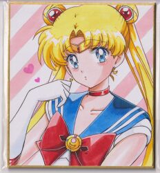 1girl bishoujo_senshi_sailor_moon blonde_hair blue_eyes blue_sailor_collar choker circlet collarbone commentary crescent crescent_earrings double_bun earrings elbow_gloves flower_earrings gloves hair_bun hair_ornament heart highres jewelry long_hair looking_at_viewer magical_girl red_choker sailor_collar sailor_moon sailor_senshi_uniform skirt smile solo traditional_media tsukino_usagi twintails user_kztc4472 white_gloves