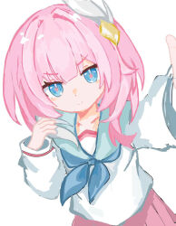 Rule 34 | 1girl, alternate costume, blue neckerchief, chinese commentary, commentary request, cyrene (honkai: star rail), hair ornament, highres, honkai: star rail, honkai (series), looking at viewer, medium hair, multicolored hair, neckerchief, pink hair, pink pupils, pink skirt, school uniform, serafuku, simple background, skirt, smile, solo, two-tone hair, white background, white hair, white serafuku, xue mo jasmine