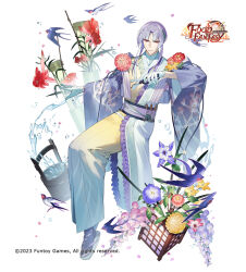 1boy asymmetrical_clothes bamboo_bottle bird blunt_ends bucket clippers closed_mouth columbine_(flower) copyright_name copyright_notice cropped_jacket curtained_hair falling_petals fish floral_print flower flower_knot flower_ornament flower_request flower_trim food_fantasy full_body furisode_sleeves gloves goldfish gradient_clothes gradient_kimono highres holding holding_scissors ikebana jacket japanese_clothes kimono leaf_print long_sleeves looking_at_viewer male_focus nerikiri_(food_fantasy) official_art outstretched_arm parted_bangs peony_(flower) petals pink_flower print_jacket print_kimono purple_flower purple_hair purple_jacket purple_sash purple_socks red_eyes red_flower rezia sandals sash scissors serious short_hair sidelocks simple_background socks solo swallow_(bird) tabi two-tone_kimono v-shaped_eyebrows vase water water_drop white_background white_gloves white_kimono wide_sleeves wisteria yellow_flower yellow_kimono zouri