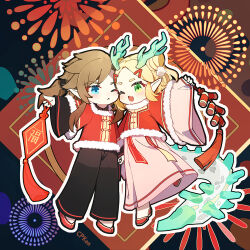 1boy 1girl black_pants blonde_hair blue_eyes cat_princess chibi chinese_clothes chinese_new_year chinese_zodiac coat dragon_girl dragon_horns dragon_tail fireworks full_body fur-trimmed_coat fur_trim green_eyes horns link medium_hair nintendo one_eye_closed open_mouth pants parted_bangs pointy_ears ponytail princess_zelda red_coat red_footwear short_hair sidelocks smile tail tassel the_legend_of_zelda the_legend_of_zelda:_tears_of_the_kingdom wide_sleeves year_of_the_dragon