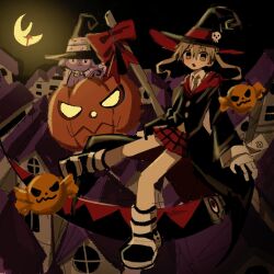 Rule 34 | 1boy, 2024, 2girls, blair (soul eater), bow, bowtie, building, candy, food, halloween, hat, highres, house, jacket, maka albarn, moon, multiple girls, naughty face, night, night sky, plaid clothes, plaid skirt, poopoopoppopoo, pumpkin, red bow, red bowtie, red skirt, school uniform, scythe, skirt, sky, sleeve cuffs, soul eater, soul evans, twintails, witch hat